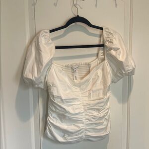 Reformation White Ruched Puff Sleeve Blouse
